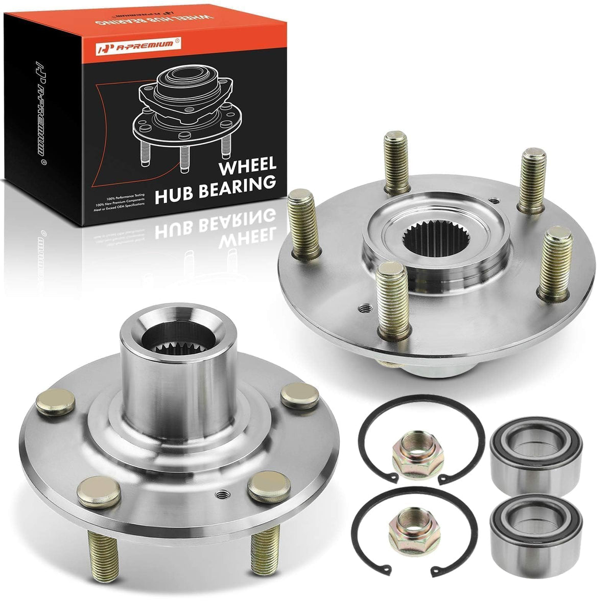 A-Premium front hub pair showing mounting face and bolt circle for correct fit