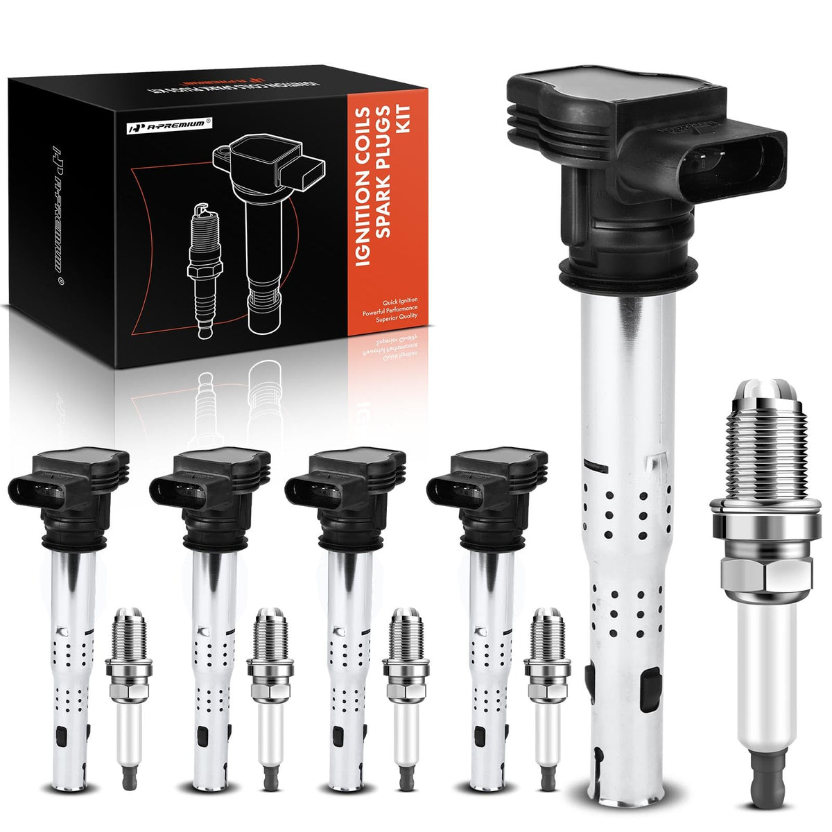 A-Premium front kit packaging showing all five coils and plugs, improving service convenience