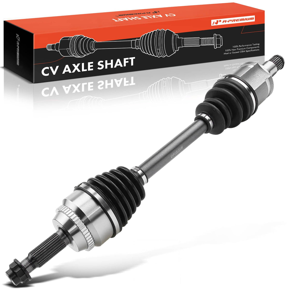 A-Premium front left CV axle assembly front view showing fit and finish benefit