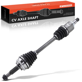 A-Premium full front left CV axle assembly showing ready-to-install unit and benefits