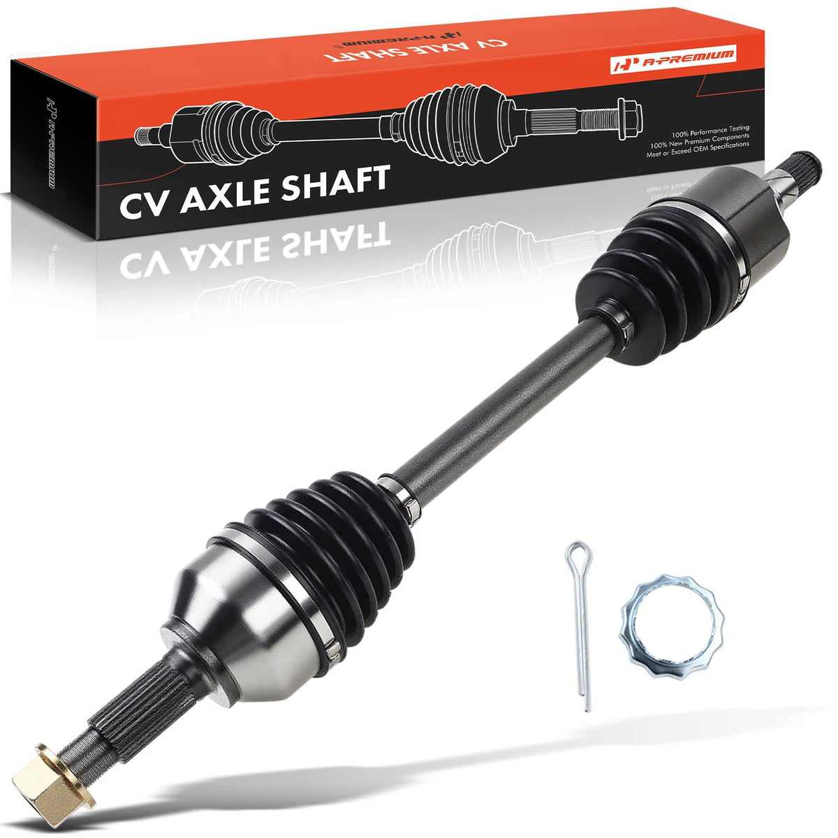 A-Premium packaging view showing a ready-to-install replacement axle