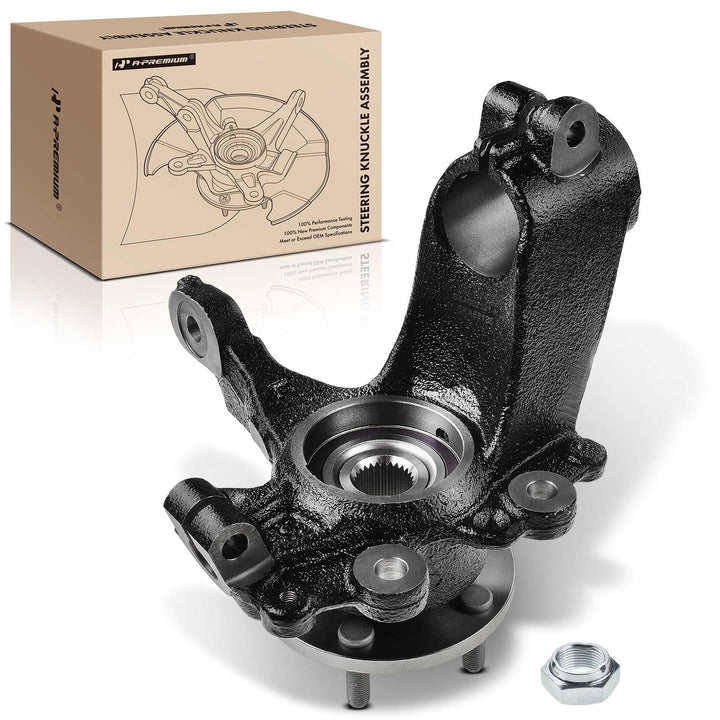 A-Premium packaged front left knuckle hub assembly showing ready-to-install benefit