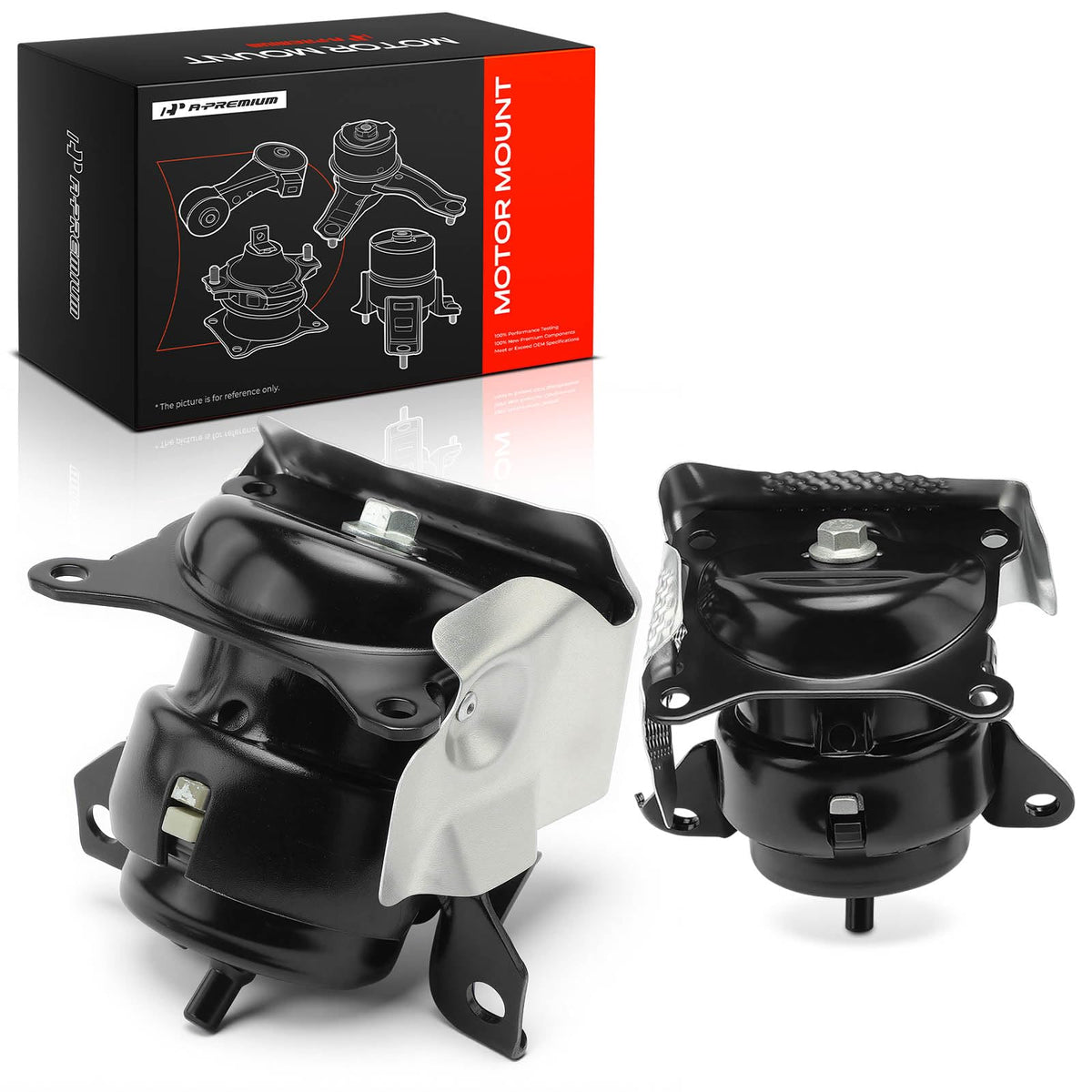A-Premium front left motor mount in packaging showing fitment benefit