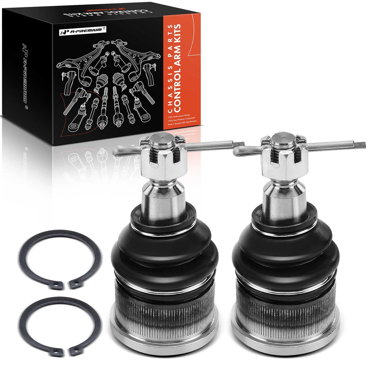 A-Premium front lower ball joint package front view showing ready-to-install parts and peace of mind