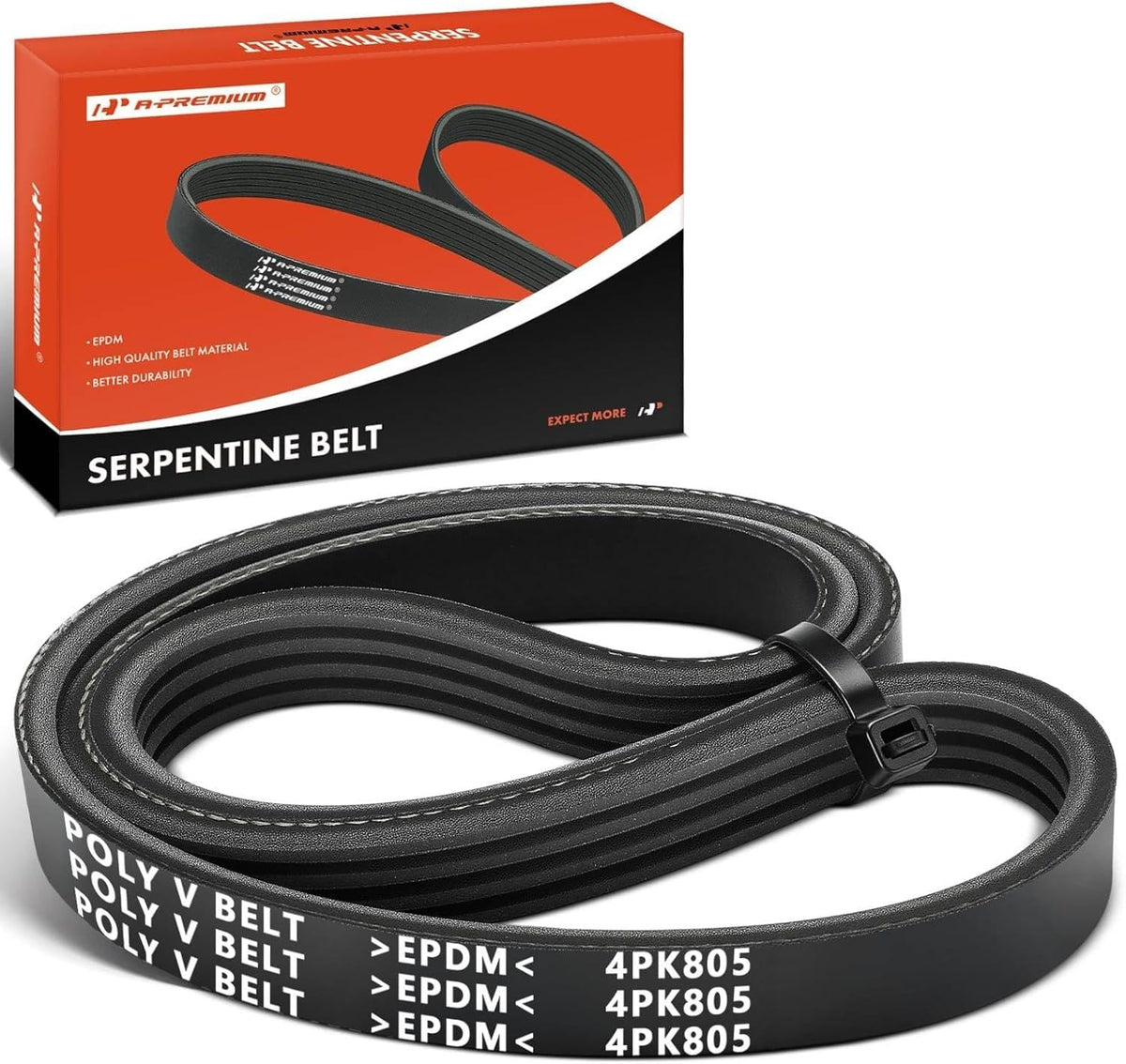 A-Premium front view of packaged AC belt showing product and fitment benefits