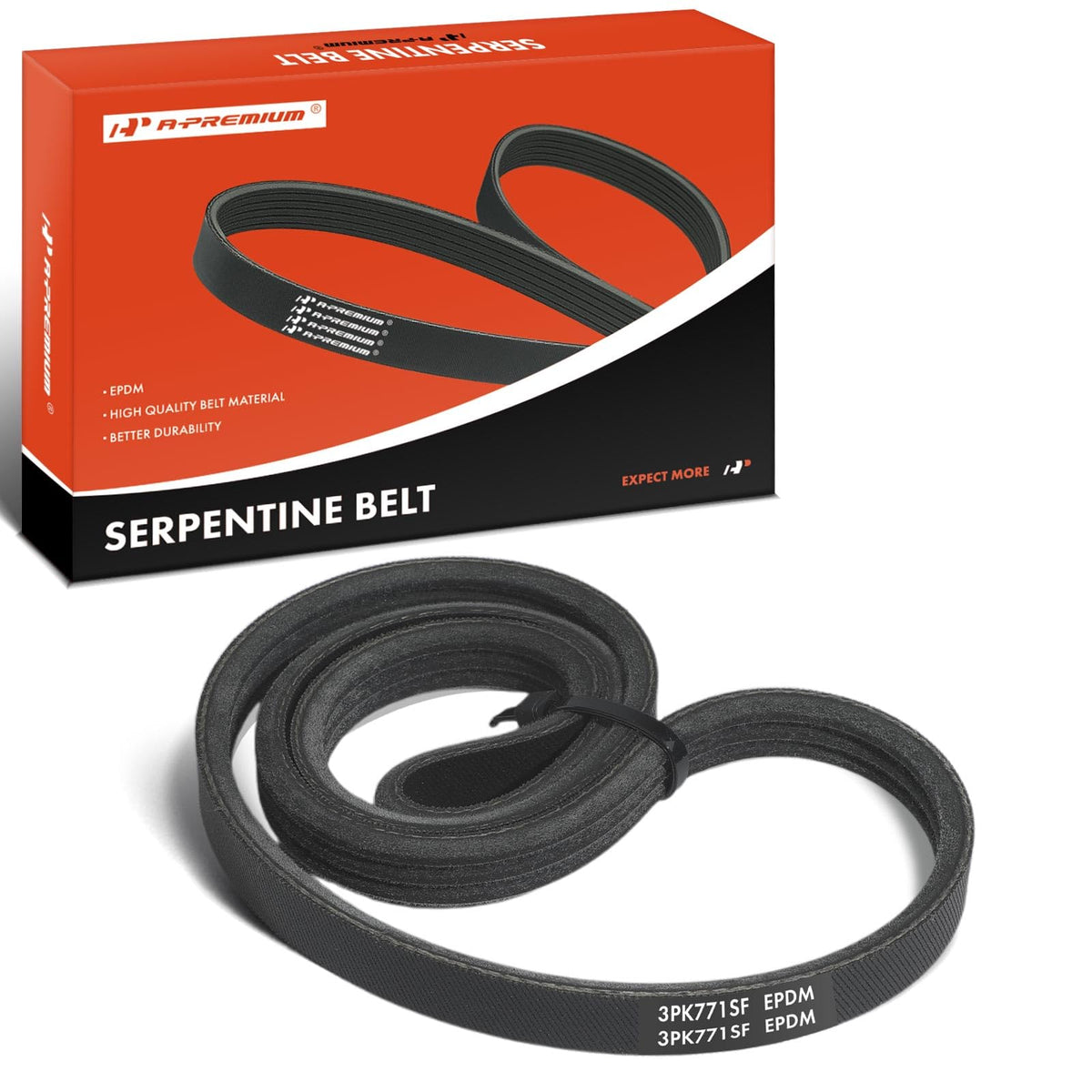 A-Premium front view of belt packaging showing fitment and benefit of correct replacement