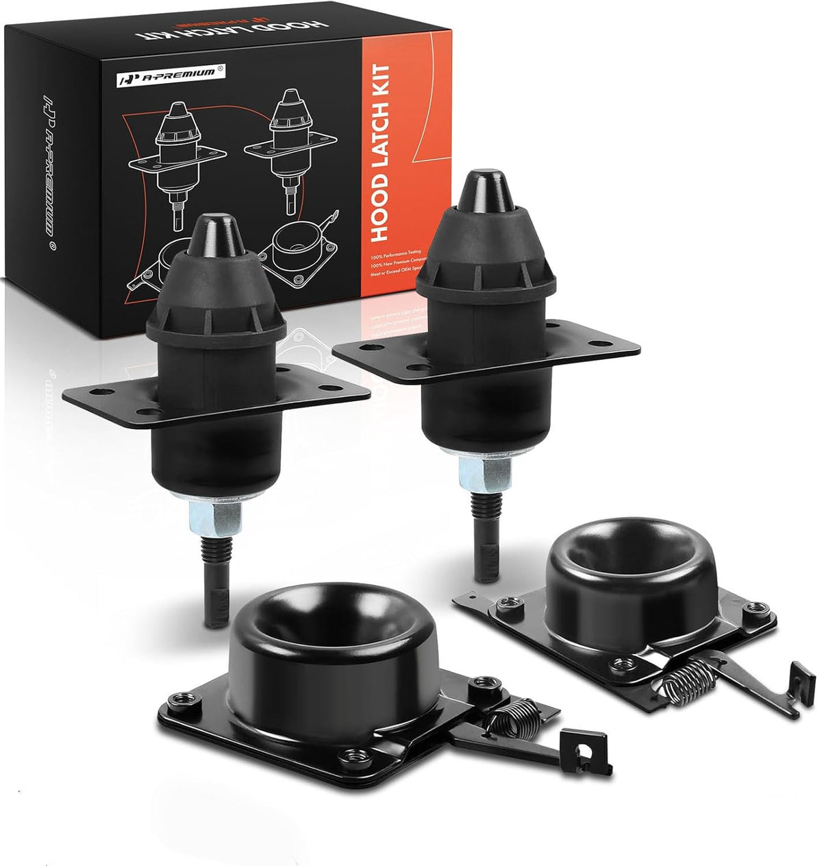 A-Premium front packaging showing complete hood latch set and reassurance