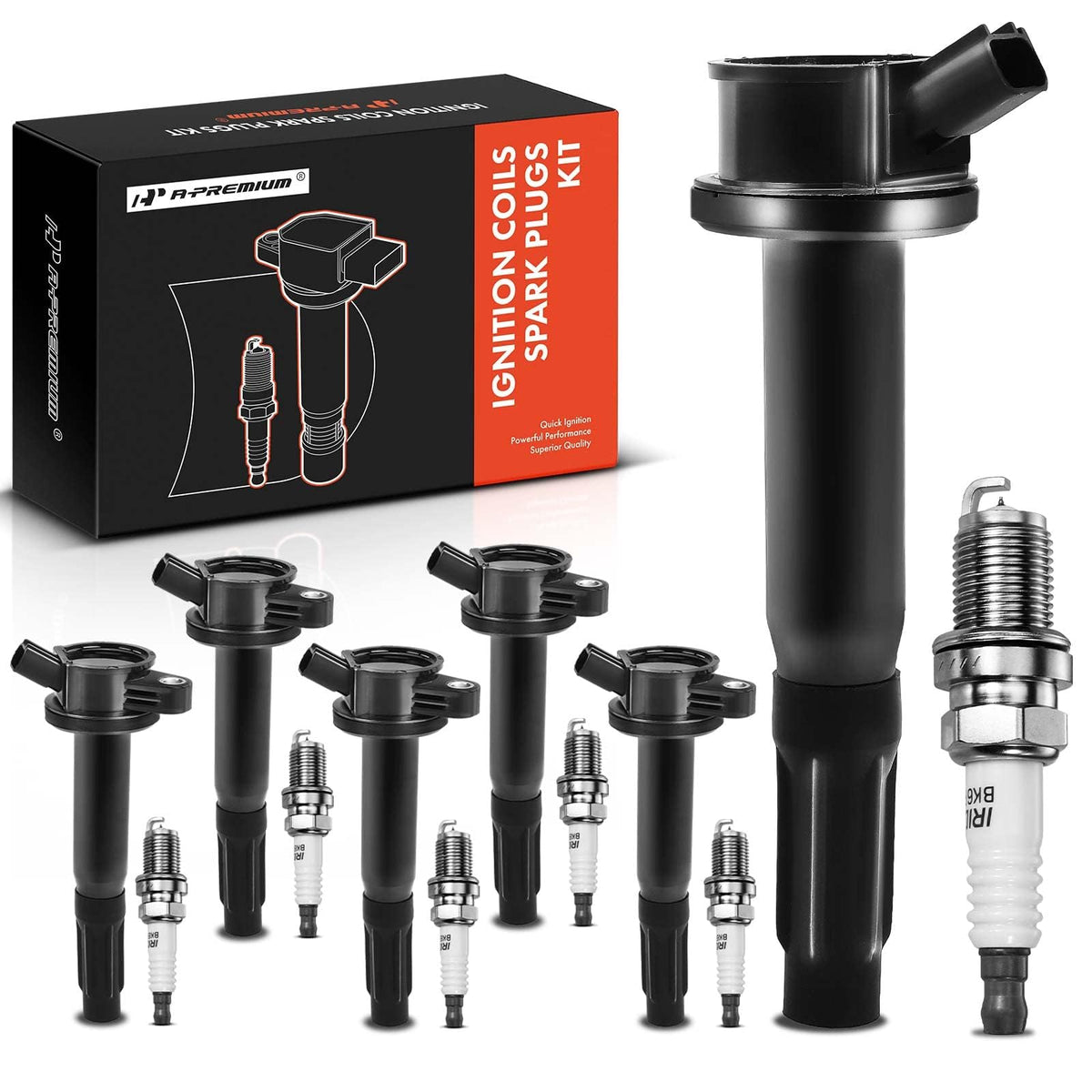 A-Premium front packaging showing full 6-coil and 6-plug kit benefit of complete replacement
