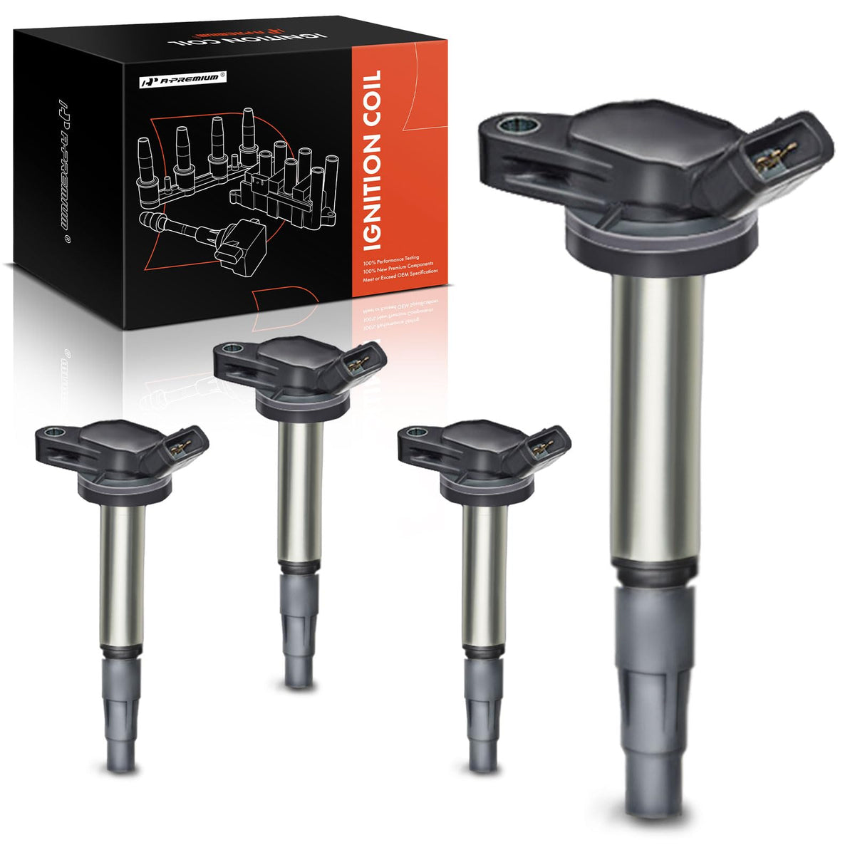 A-Premium front view of 4-pack coils showing direct-fit connectors and clear labeling benefit