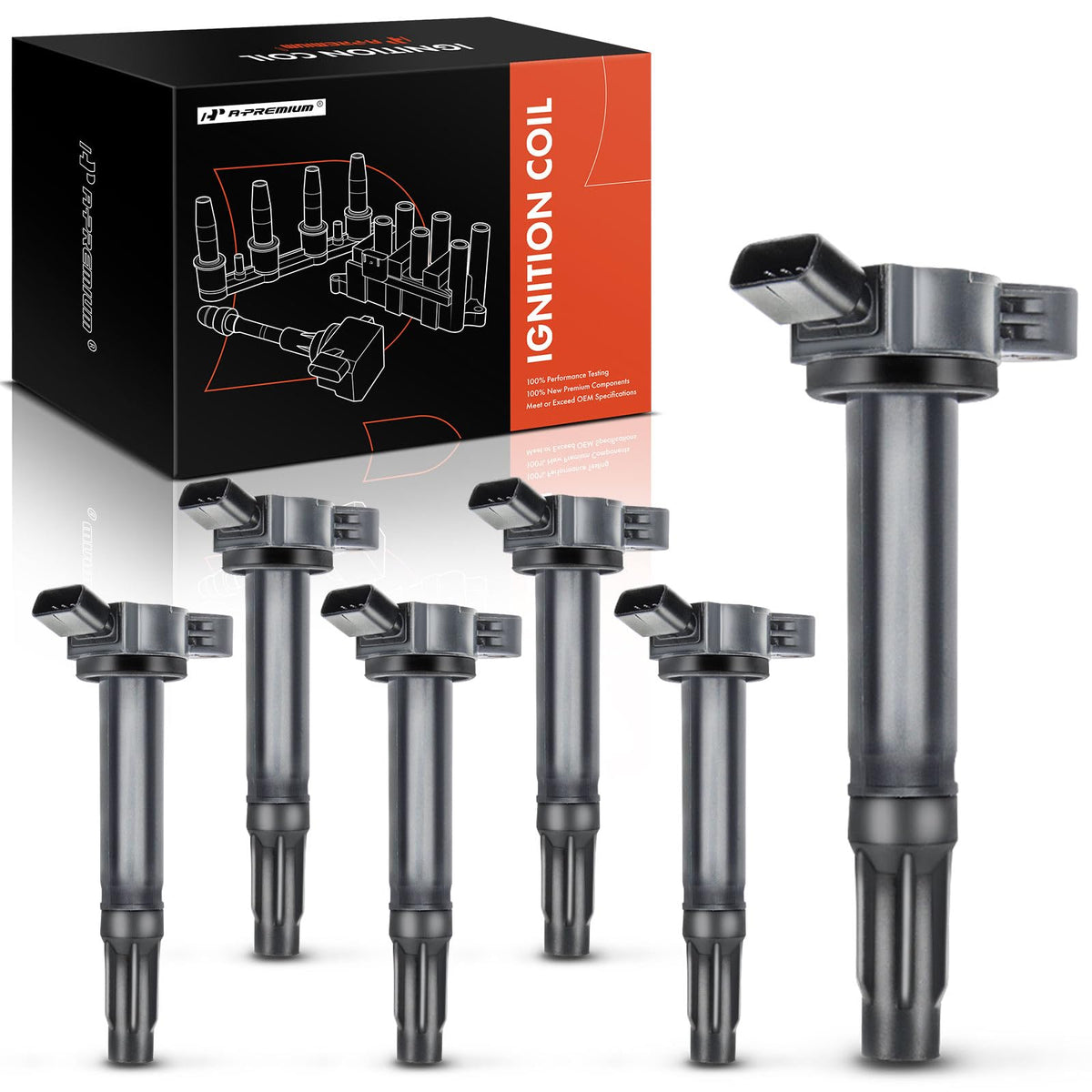 A-Premium front view of six-pack ignition coils showing complete set and fitment benefit