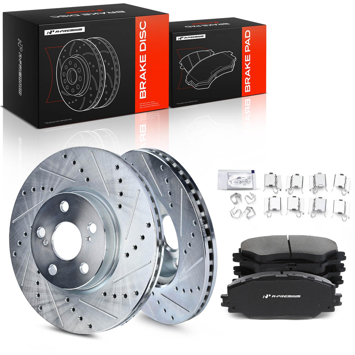 A-Premium front brake kit packaging view showing contents and model fitment benefits