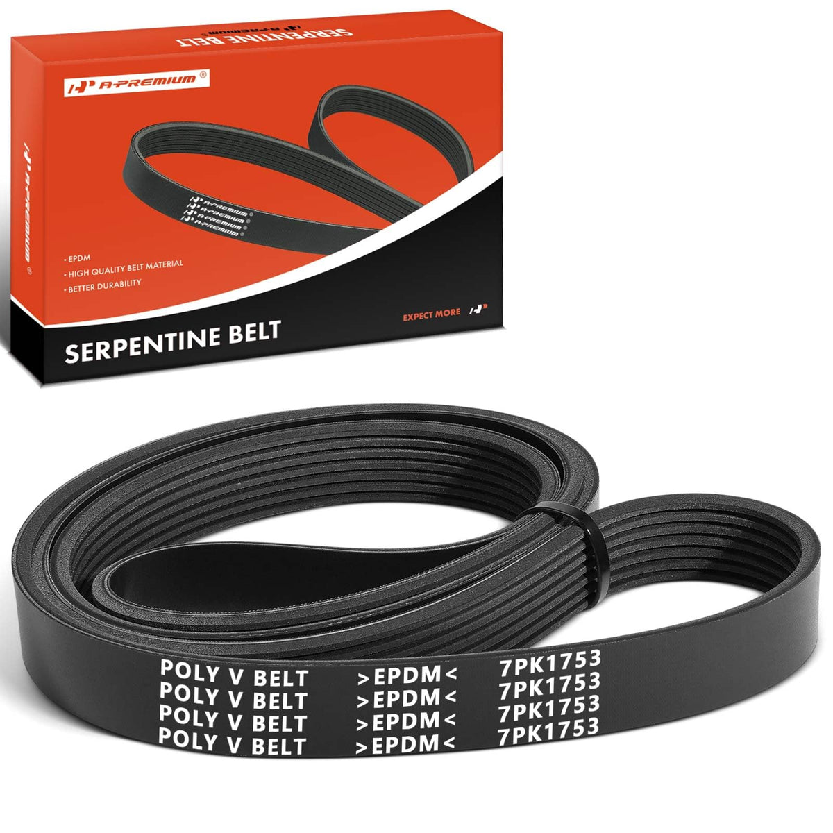 A-Premium front view of serpentine belt packaging showing fitment and benefit