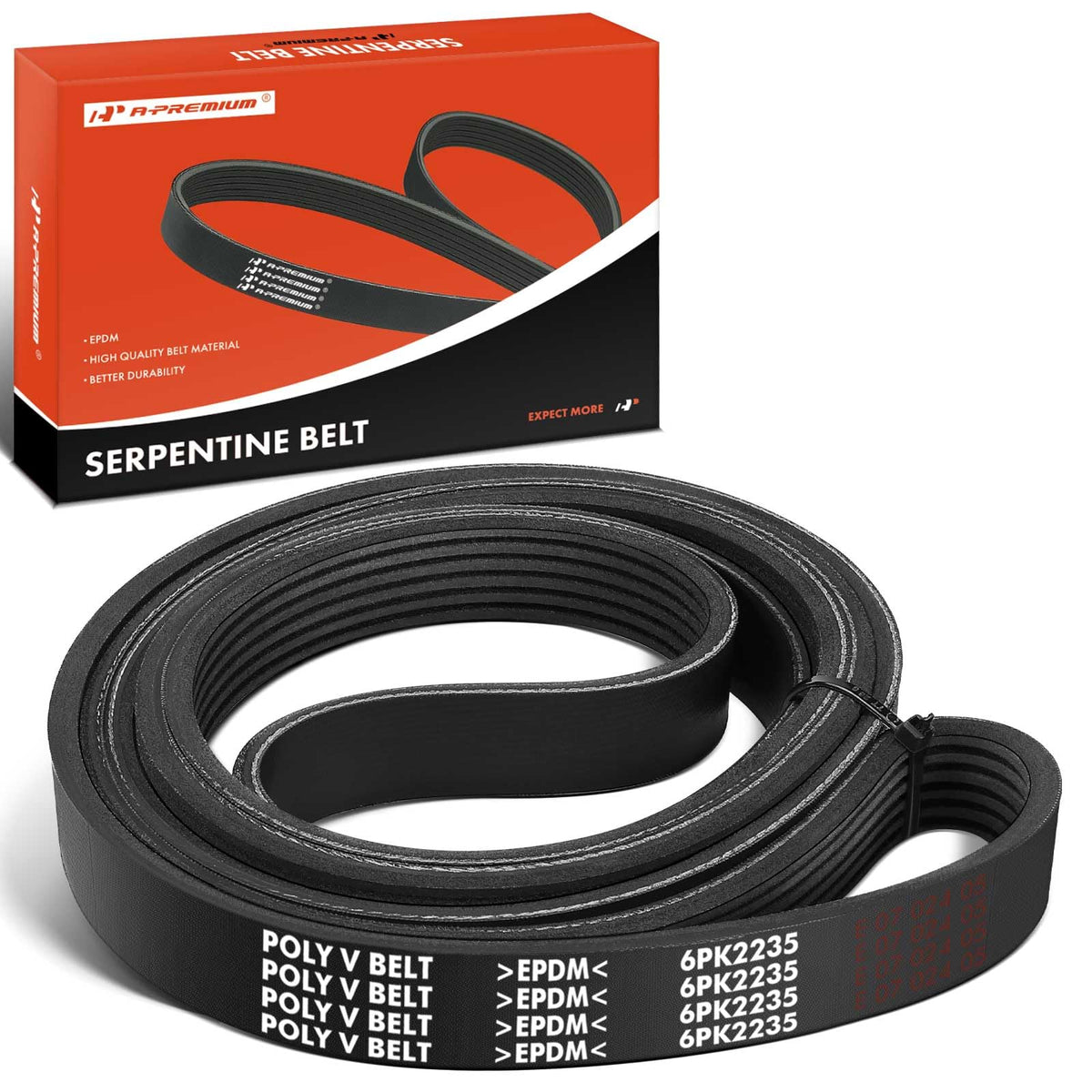 A-Premium front view of boxed serpentine belt showing part labeling and fitment benefit