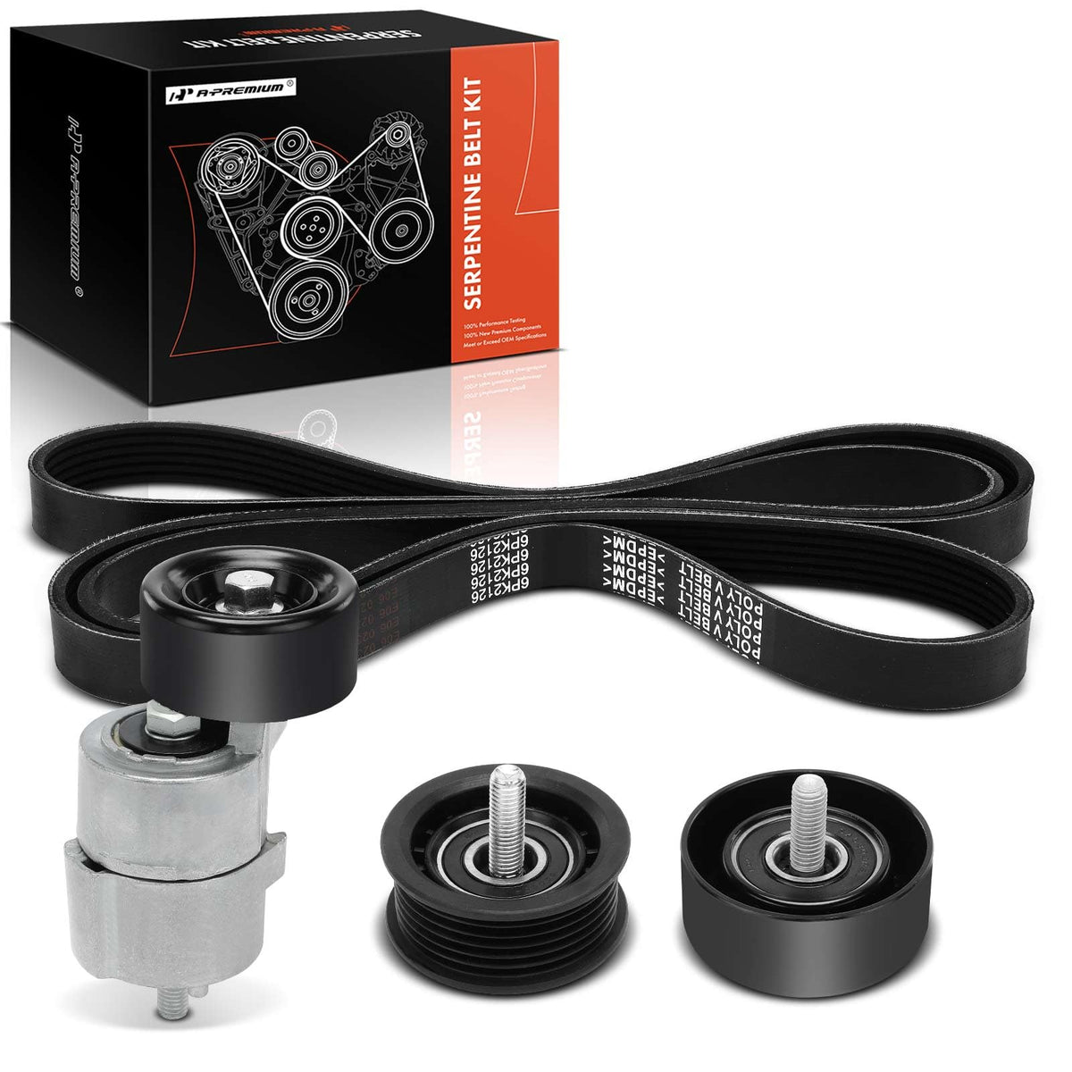 A-Premium front packaging of serpentine belt drive kit showing included parts for correct fit