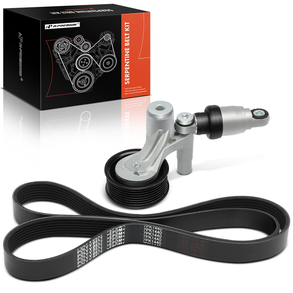 A-Premium front packaging of serpentine kit showing included parts and confidence