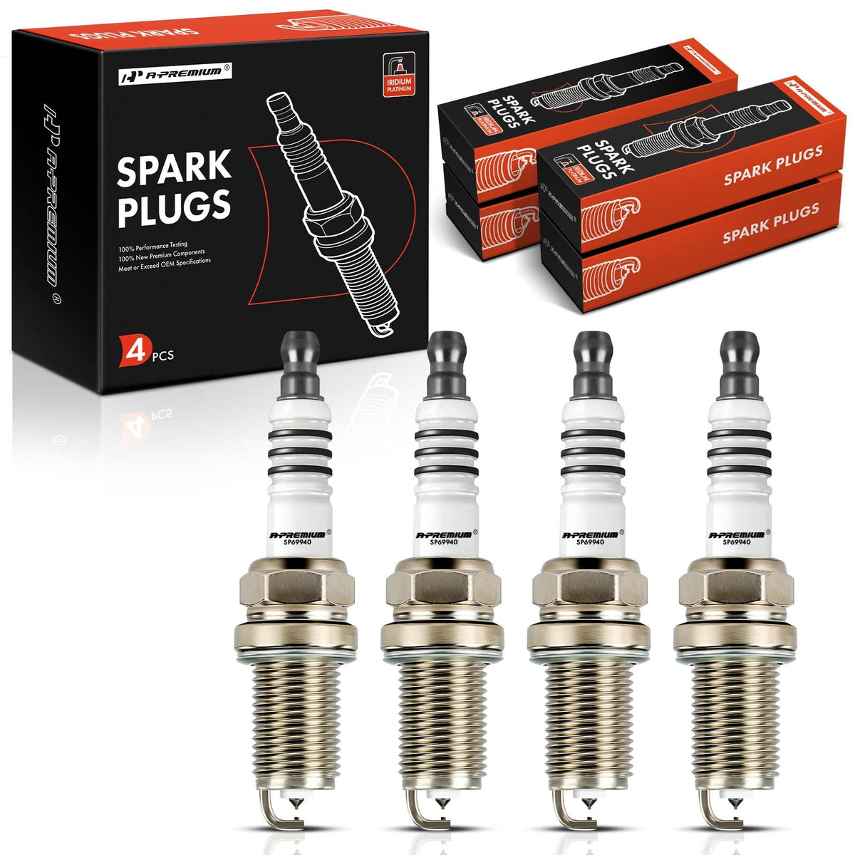 A-Premium front packaging showing pack of four spark plugs and clear labeling benefit reliability