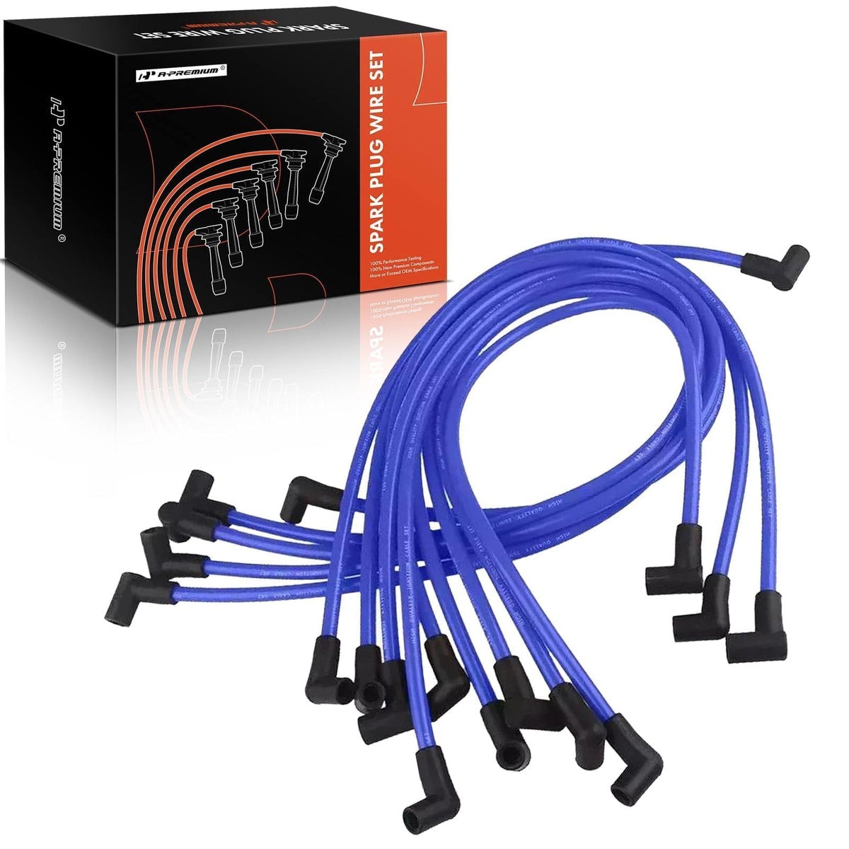 A-Premium front packaging of blue V8 spark plug wires showcasing full set and brand benefit