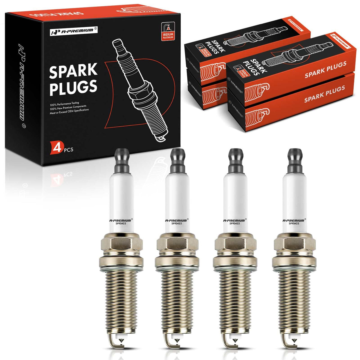 A-Premium front packaging showing four spark plugs and model compatibility benefits