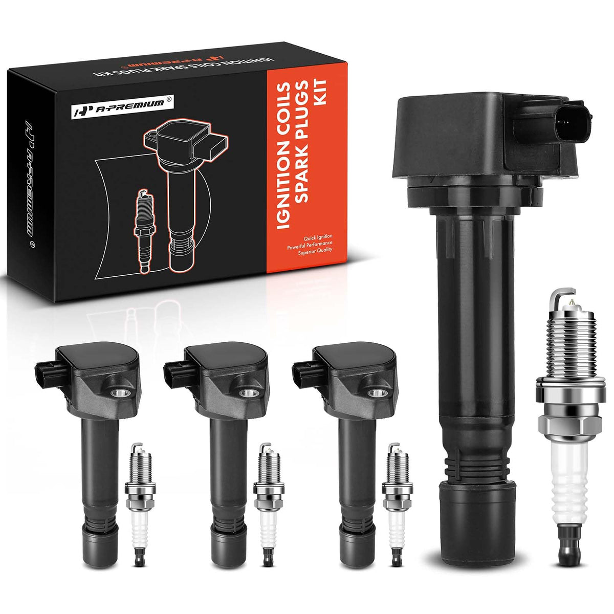 A-Premium front packaging showing complete 4-coil and 4-plug kit for Honda Civic, clear compatibility