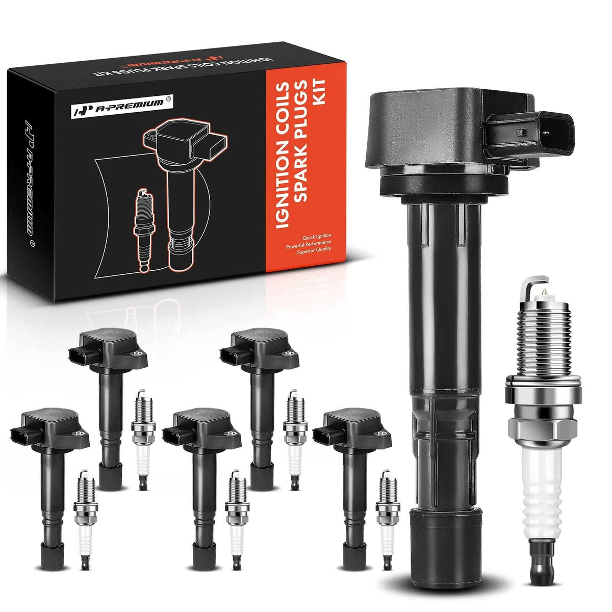 A-Premium front packaging showing complete 6-coil 6-plug kit and fitment details
