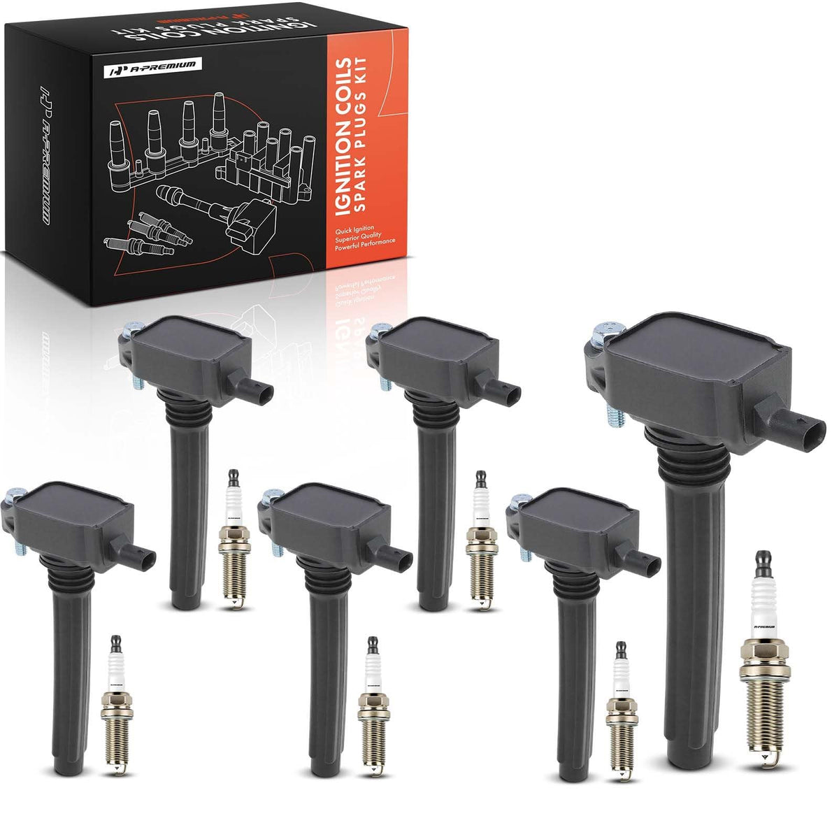 A-Premium front packaging showing full 6-coil and 6-plug kit and clear fitment information