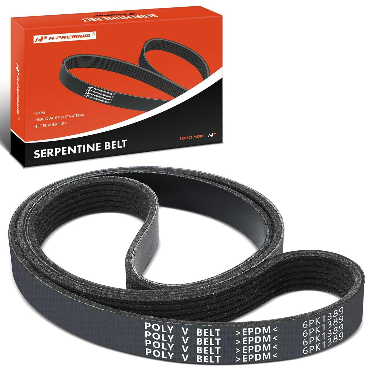 A-Premium front view of serpentine belt packaging showing model and size benefit