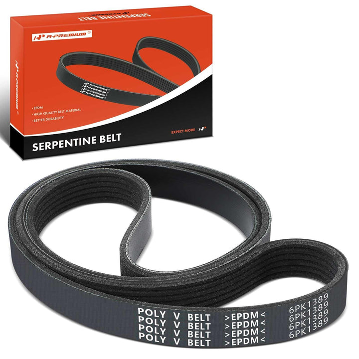 A-Premium front view of serpentine belt packaging showing model and size benefit