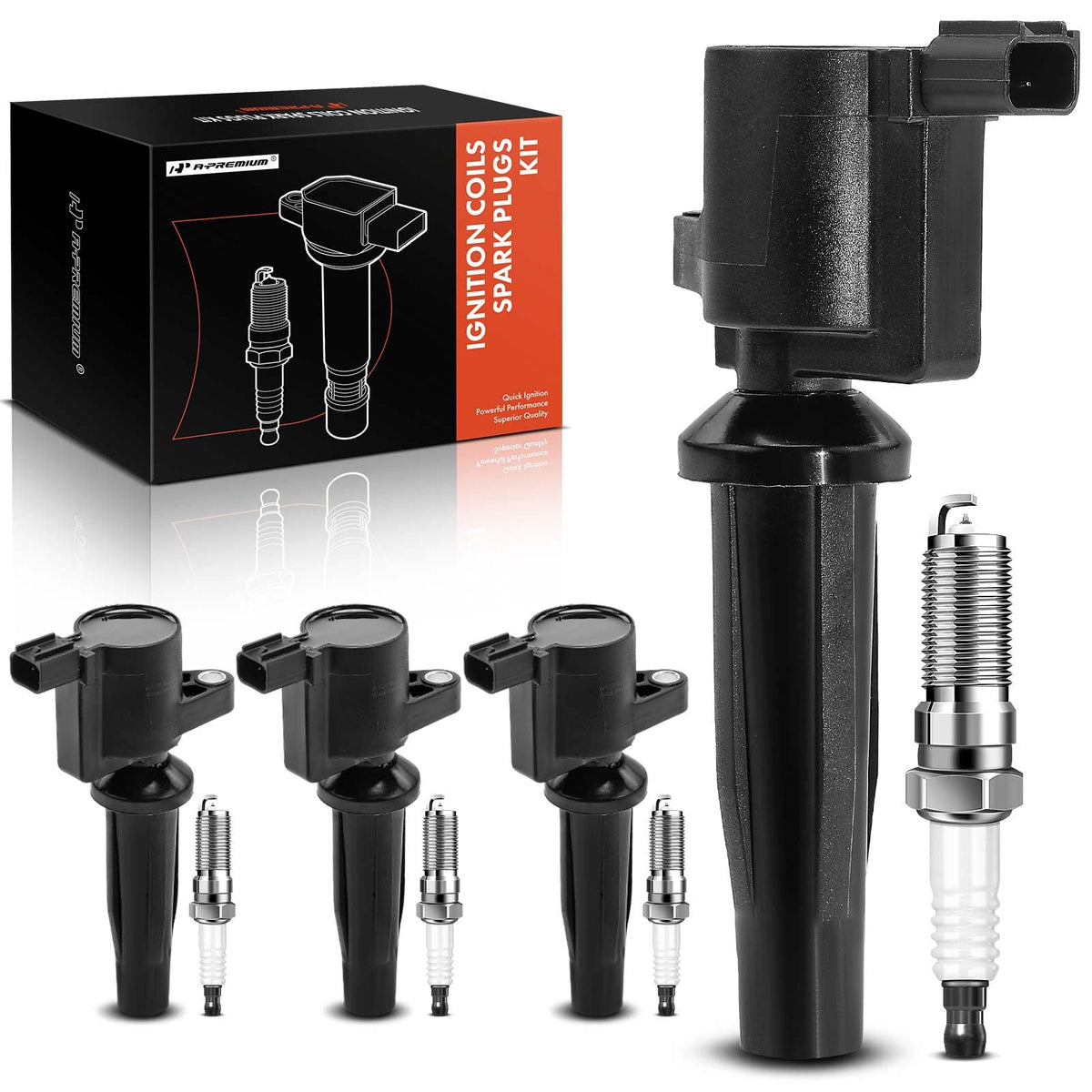 A-Premium front view of kit packaging showing included coils and plugs benefits reliability