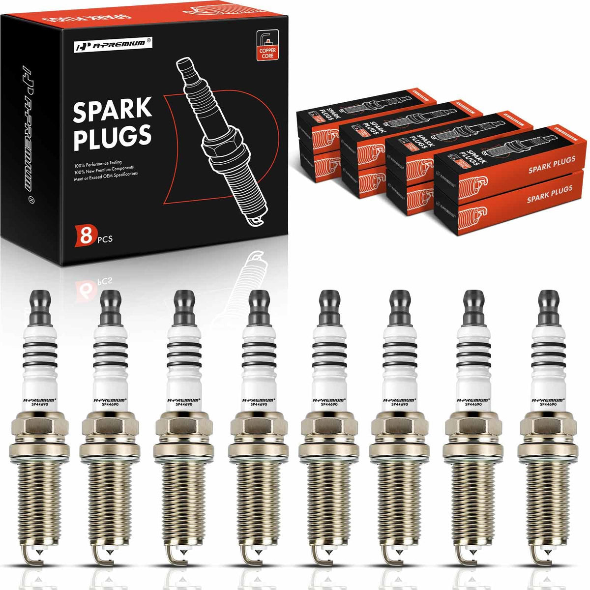 A-Premium front packaging showing full pack of eight plugs and compatibility list benefits