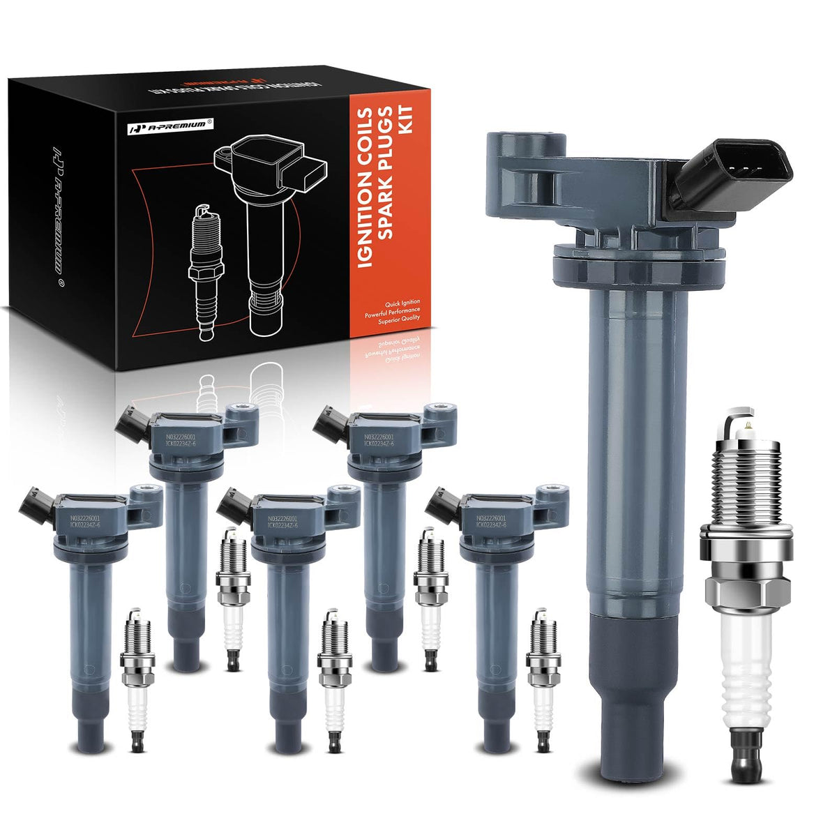 A-Premium front packaging showing six coils and six spark plugs, clear contents benefit