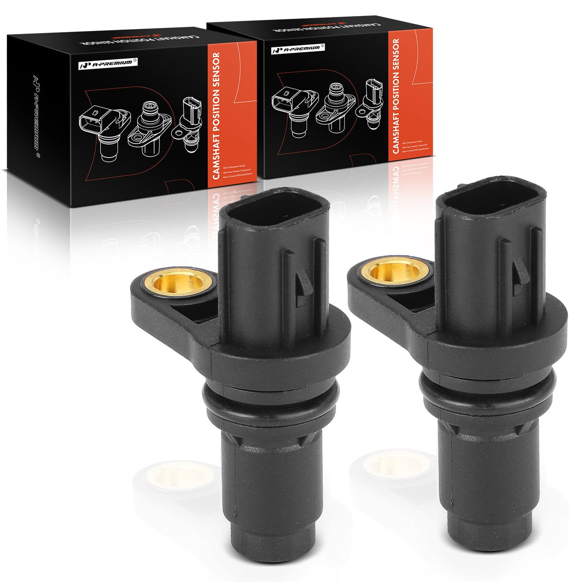 A-Premium front packaging showing two boxed camshaft position sensors and part labels for easy identification