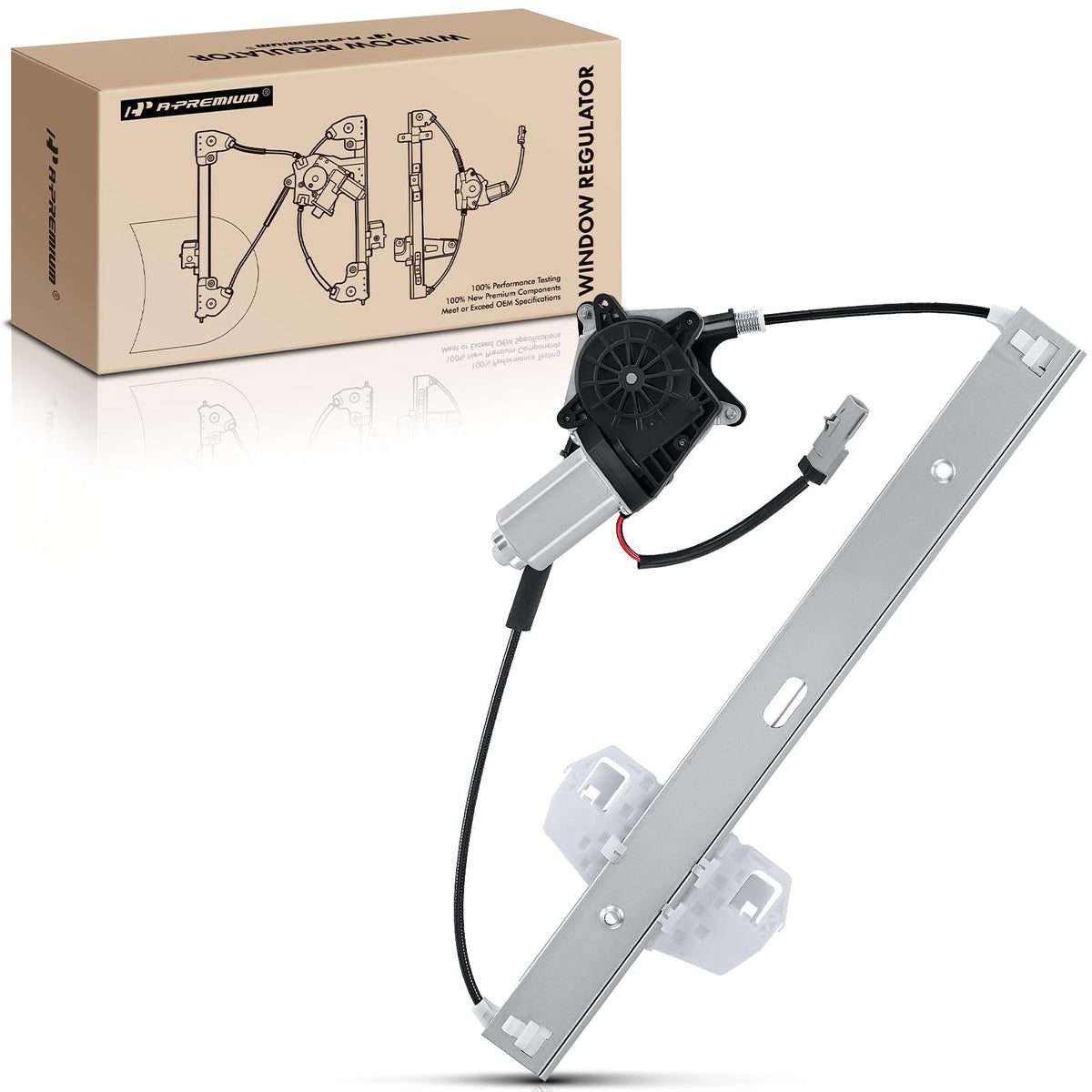 A-Premium front passenger assembly showing full regulator and motor benefit: direct-fit replacement
