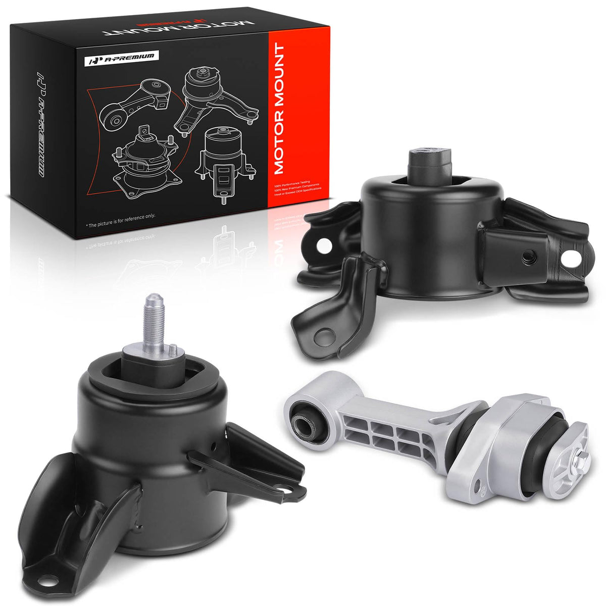 A-Premium front right motor mount in packaging showing fitment benefit