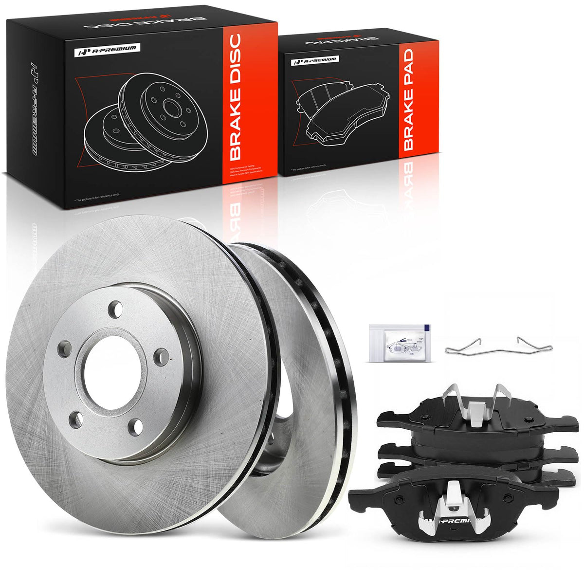 A-Premium front kit front view showing rotors and pads clean fit