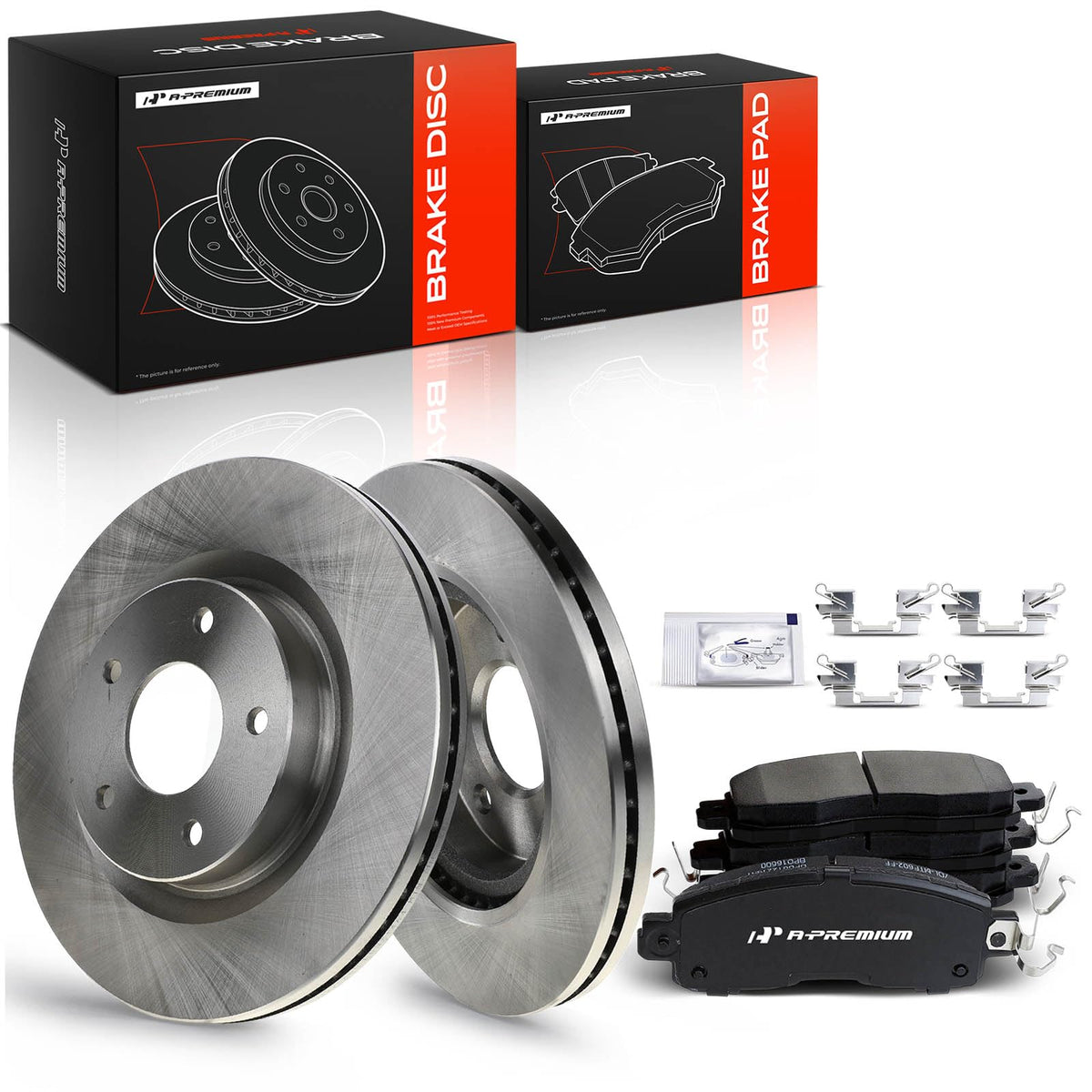 A-Premium front rotors and pads packaging showing complete kit benefits