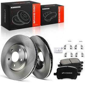 A-Premium front rotors and ceramic pads kit packaged ready to install, clear fitment benefit