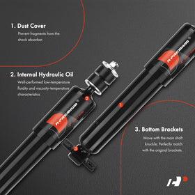 A-Premium shock beside ruler showing 14.45-inch extended length accuracy