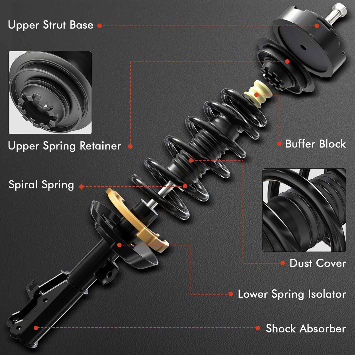 A-Premium front strut close-up showing coil spring and precise fitment benefit