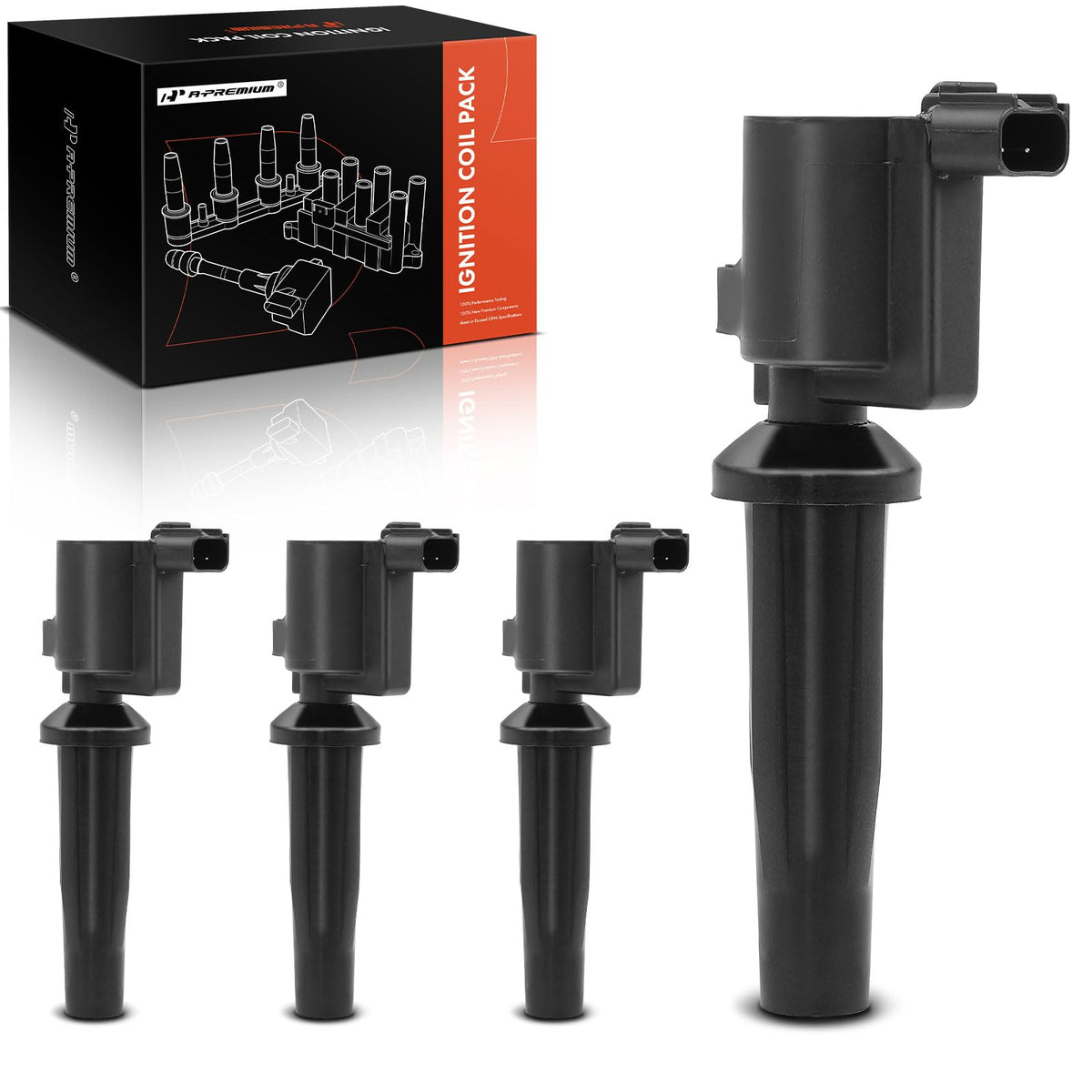A-Premium front view of four ignition coils showing direct-fit design and reliable replacement