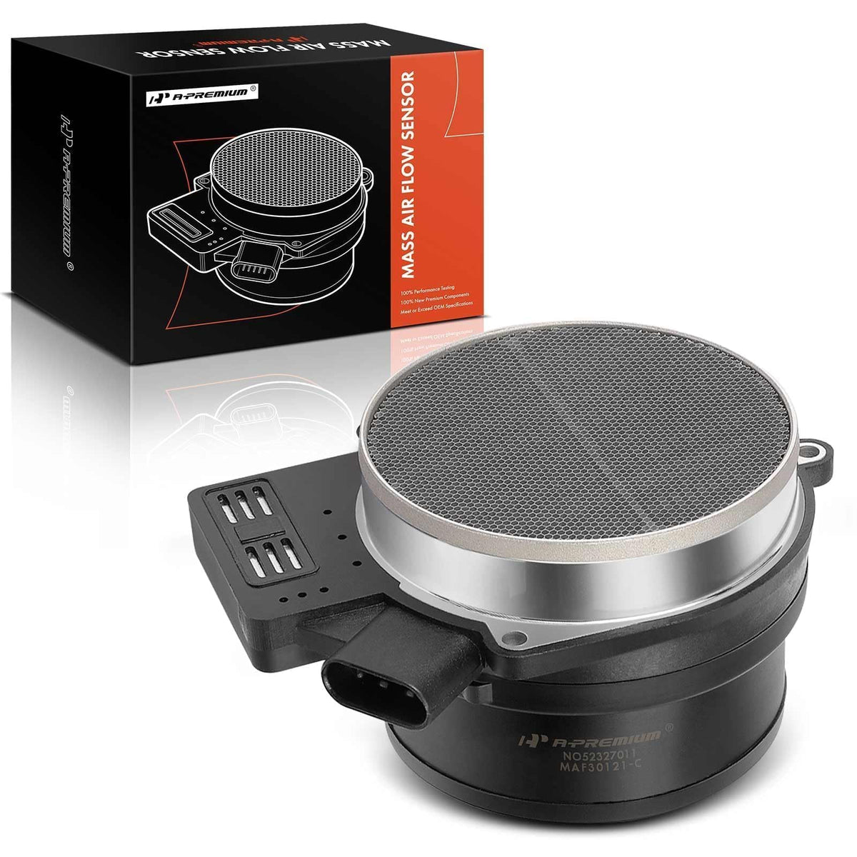 A-Premium front view mass air flow sensor showing compact direct-fit design and reliability