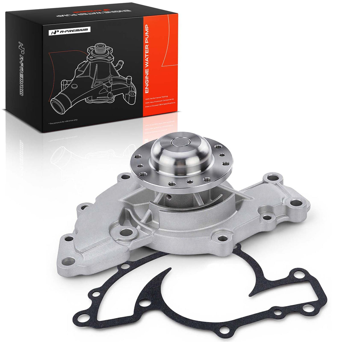 A-Premium front view water pump showing fitment and benefit: direct-fit replacement
