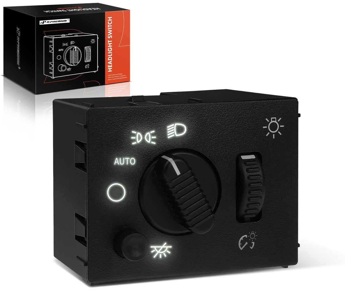 A-Premium headlight switch front view showing controls and factory fit benefit