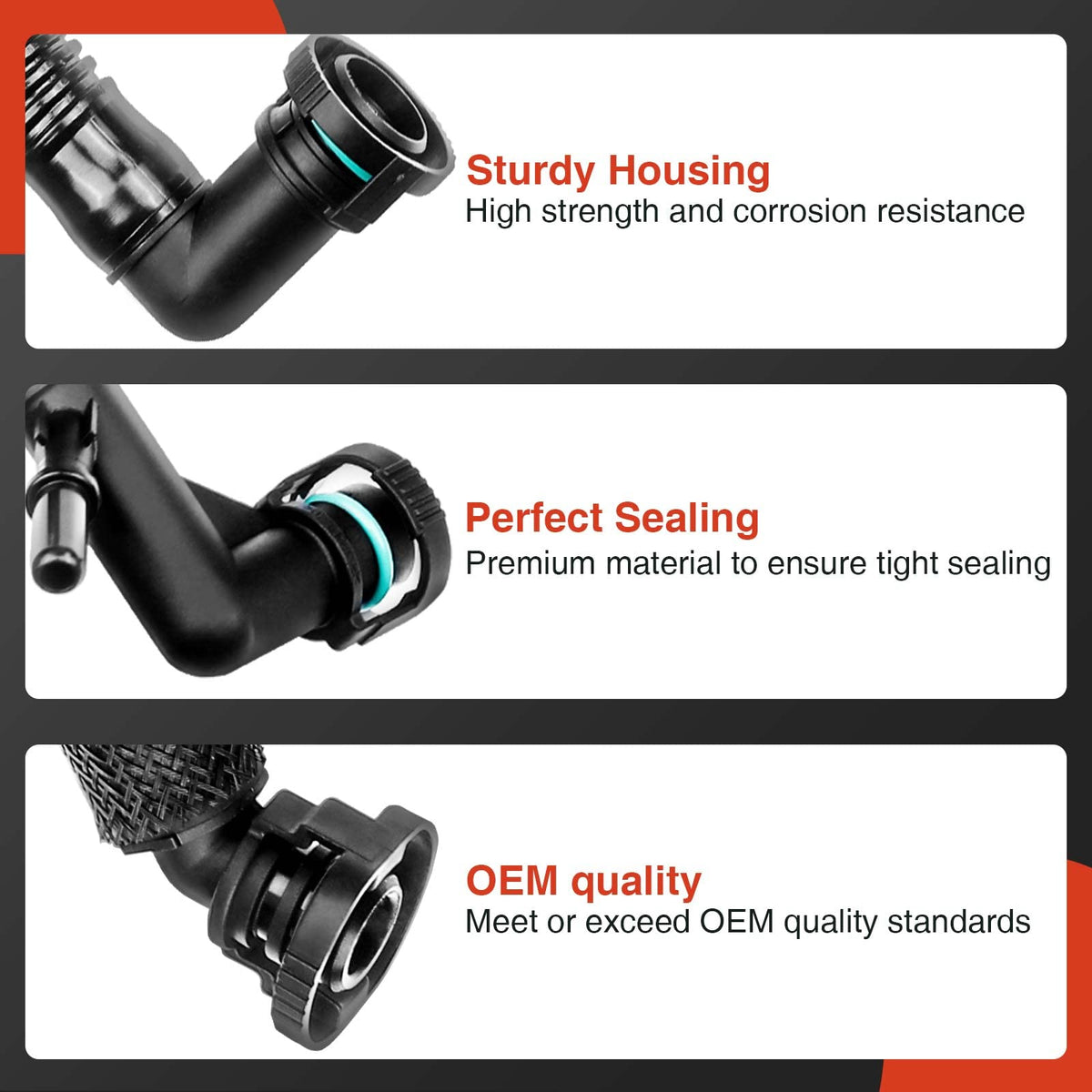 A-Premium hose detail showing molded ends and durable material benefit