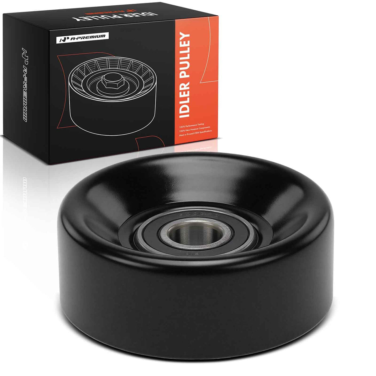 A-Premium idler pulley front view showing fit and smooth bore benefit