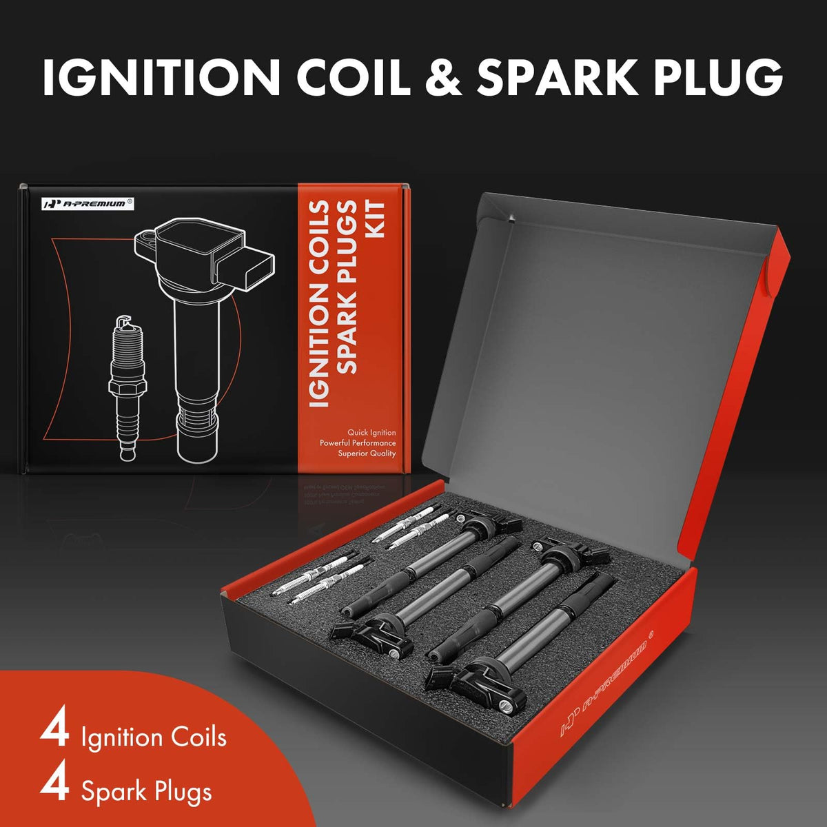 A-Premium ignition coil closeup showing blade terminal and bolt-on mount for reliable electrical contact