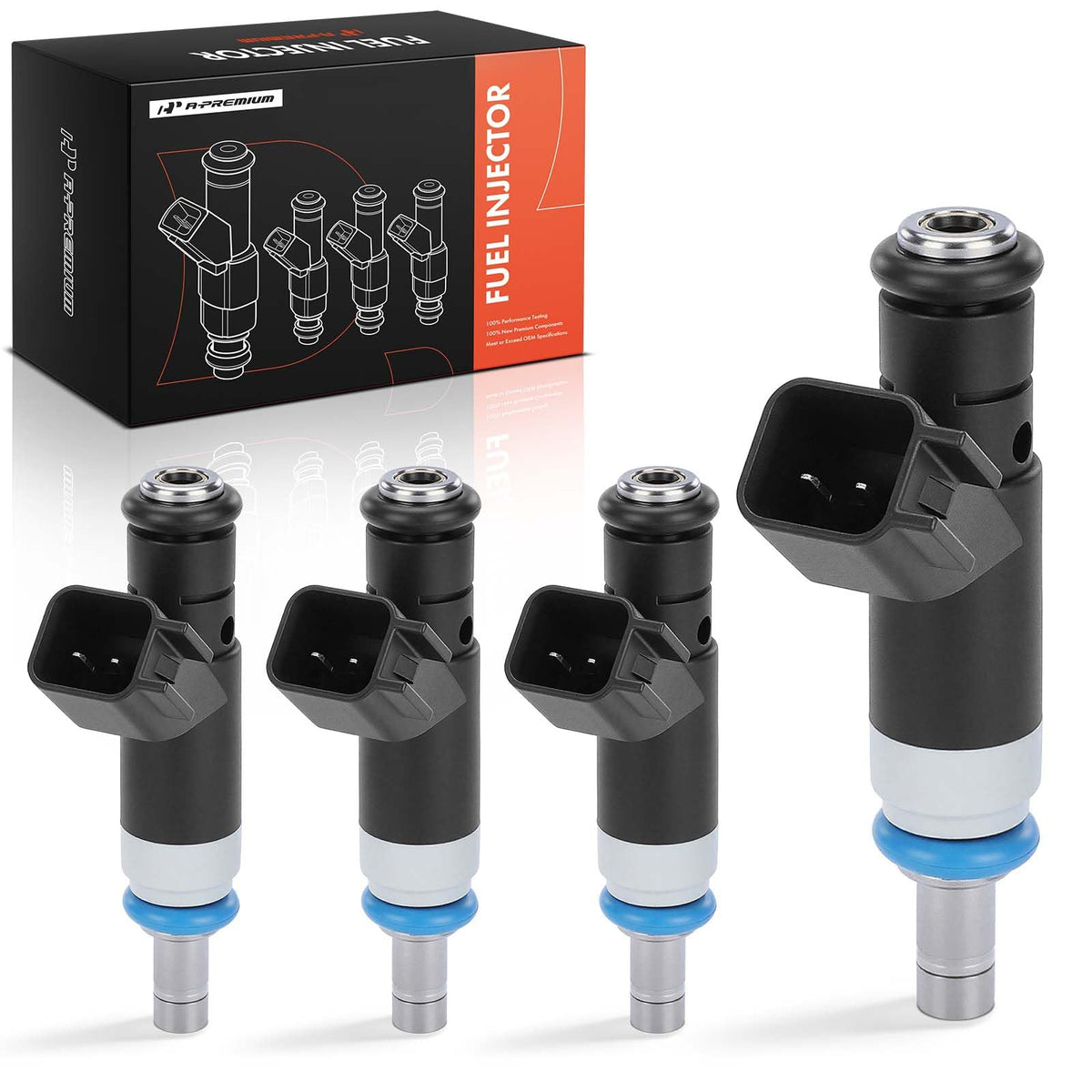A-Premium front packaging showing set of four injectors and warranty benefit