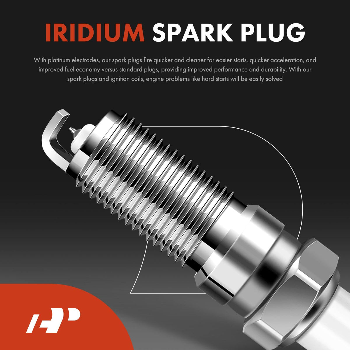 A-Premium iridium spark plug tip detail showing fine electrode and longer life benefit