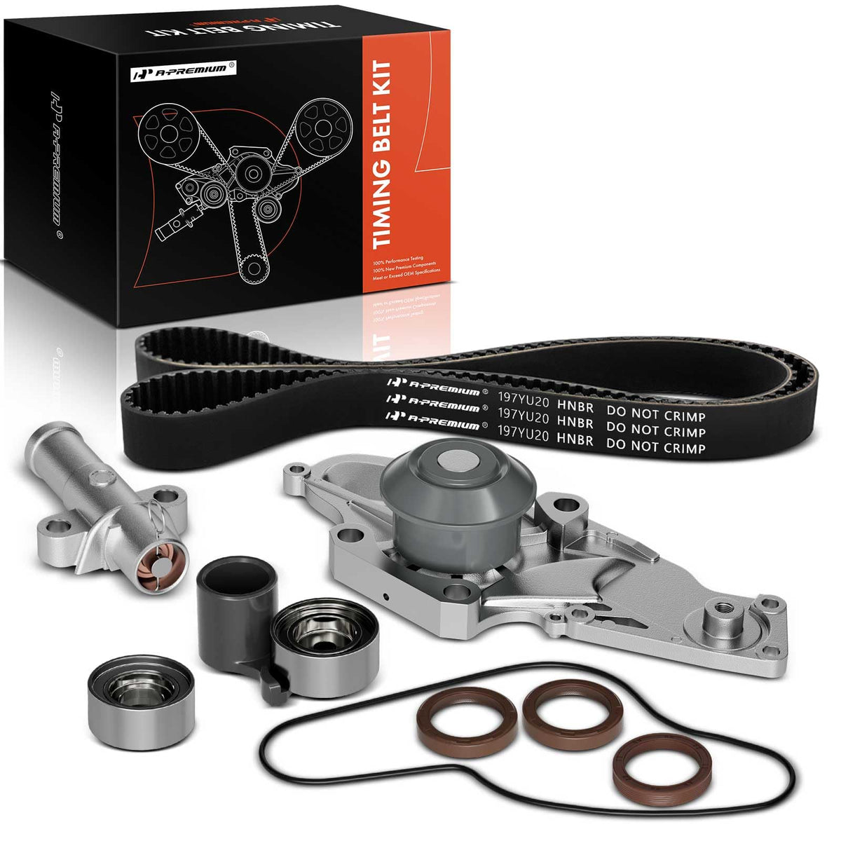 A-Premium kit packaging front showing complete timing belt set and label benefits