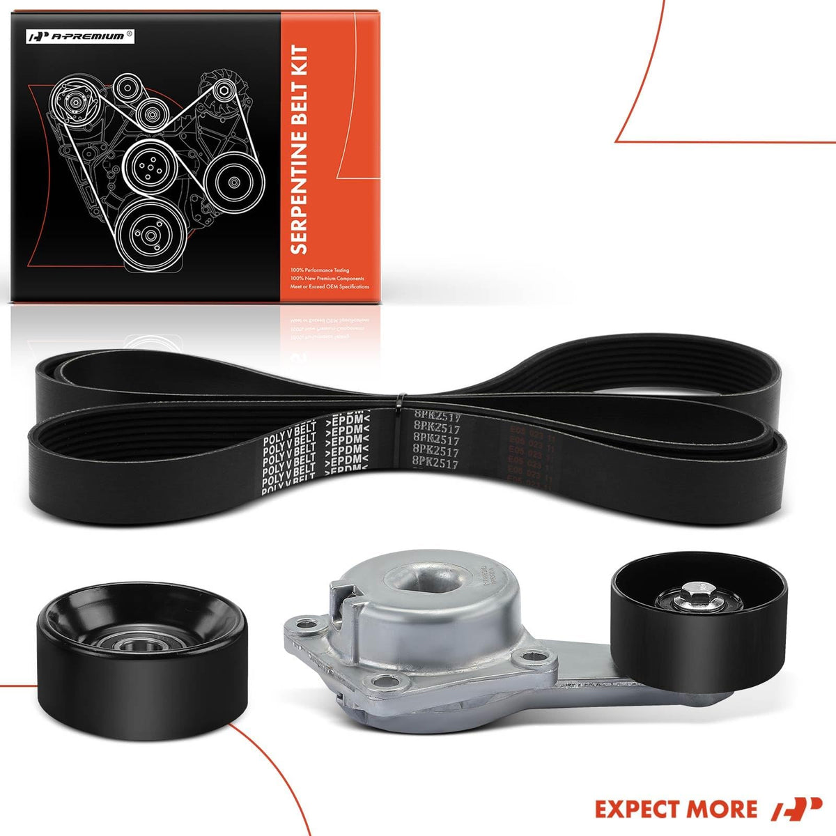 a-premium labeled parts layout with belt tensioner and idler for easy identification
