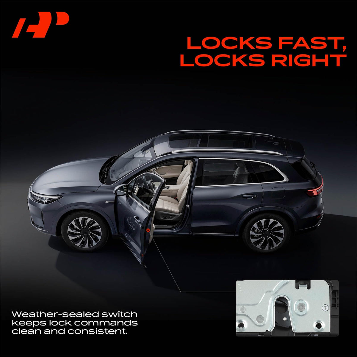 A-Premium latch detail showing reinforced metal components for durability